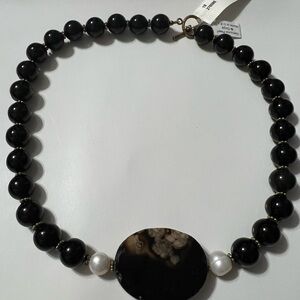 Onyx necklace with pearl , Midwest amber , 925 silver